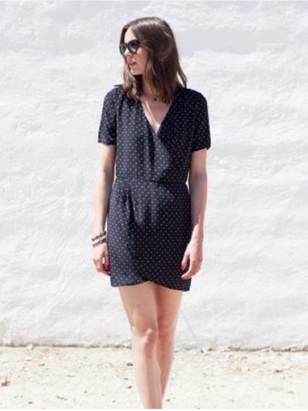 Sezane Black Polka Dot V-Neck Mini Dress